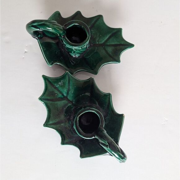 Vintage Christmas Ceramic Candle Holders – Holly Leaf Set of 2 with Finger Loops - Picture 8 of 10